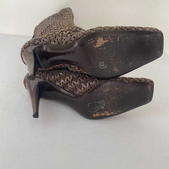 Sergio Rossi Square Toe Tall Woven Boots w Heel Shoes - Picture 8 of 11